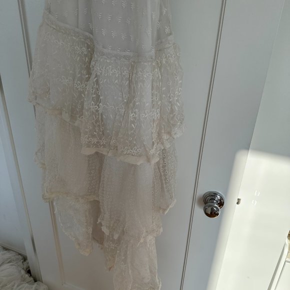 LoveShackFancy Cayden Silk High-Low Dress White Lace Eyelet Off Shoulder Gown - Picture 14 of 15